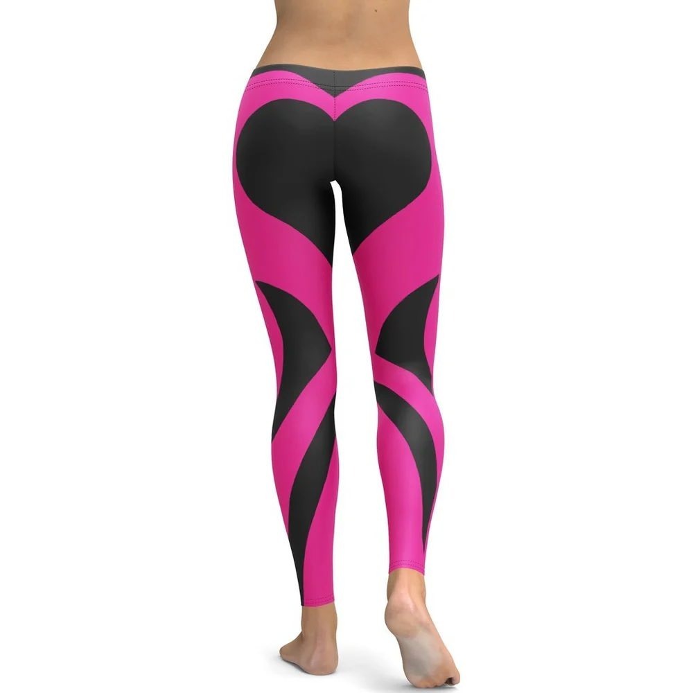 Fierce Pulse Black & Pink Heart Shaped Leggings Mid-Waisted Size S RN158059